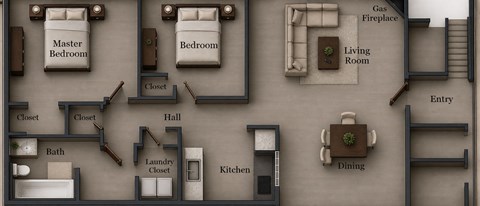 Floor plan for 2 beds, 1 bath, 840 sqft